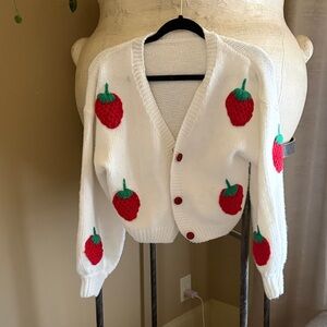 Charming White Cardigan with Red Strawberry Details